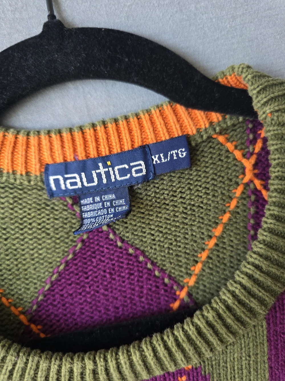 Nautica Argyle Sweater XL/TG Olive Green Purple Orange Preppy Y2K Crewneck